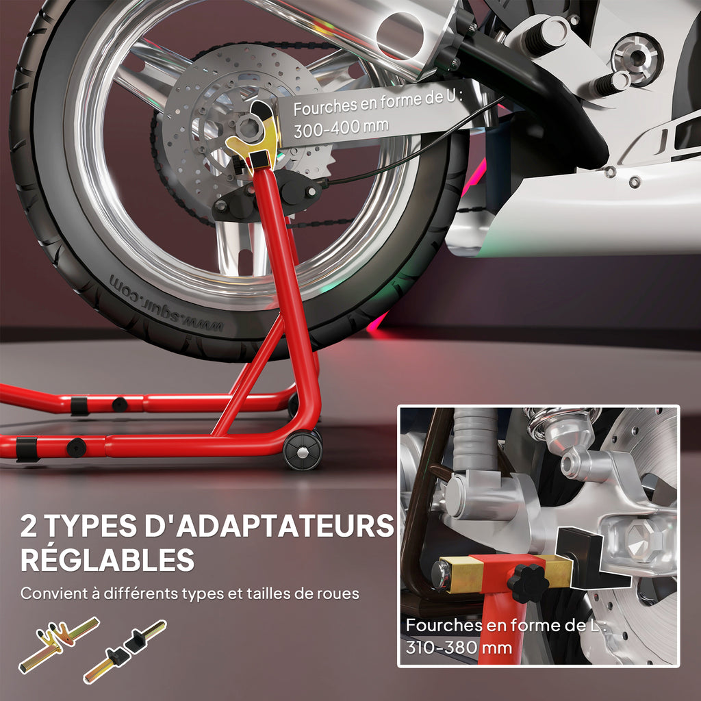 Bloque roue de moto pour pneu arrière capacité 544 kg avec fourches réglables en U et L en acier 69x58,5x34,5 cm rouge-4