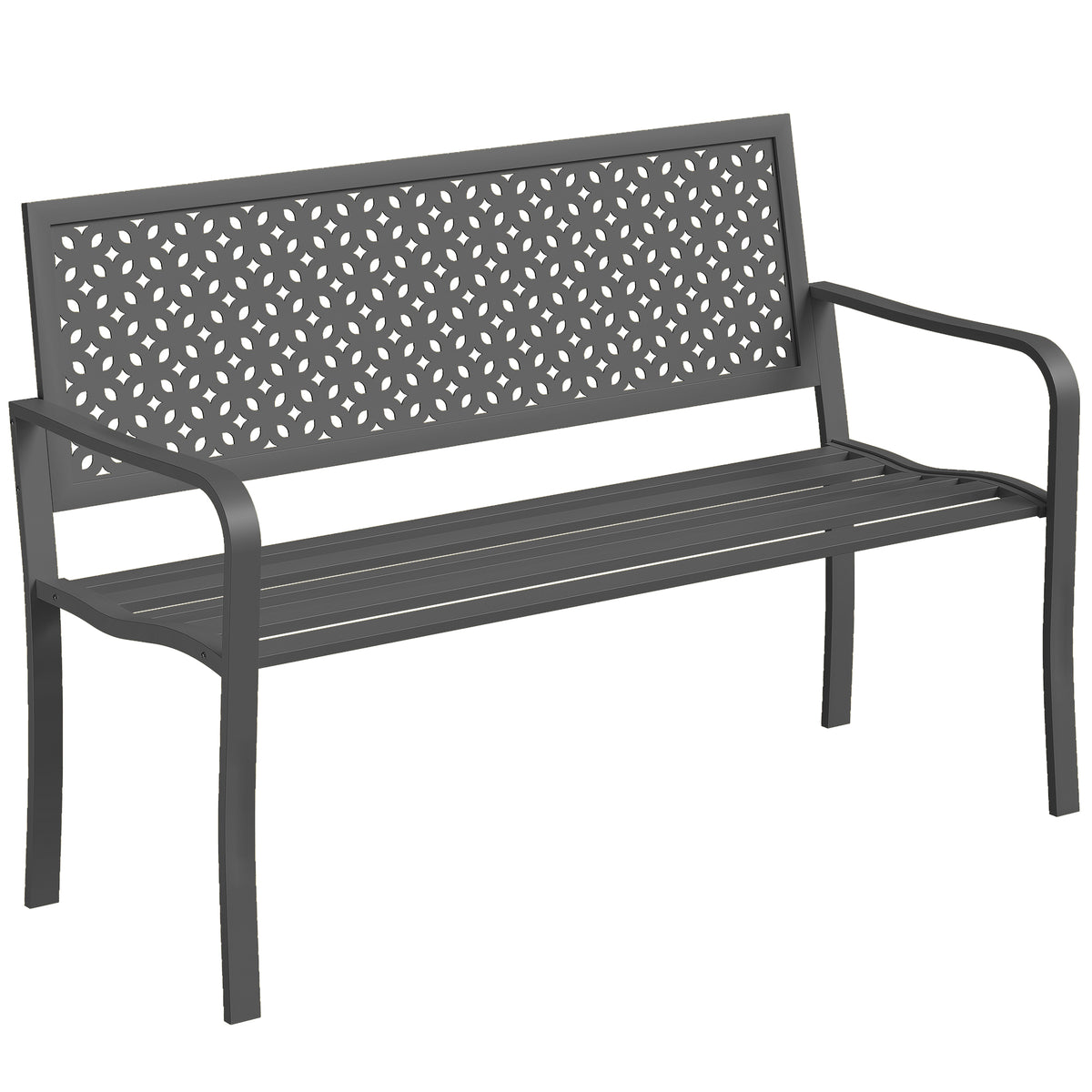 Banc d'extérieur en métal, 2 places, avec dossier géométrique antirouille et accoudoirs, gris foncé-0