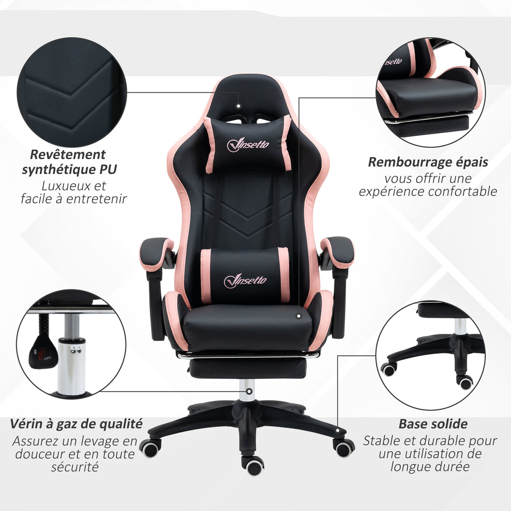 Chaise gaming fauteuil gaming ergonomique avec dossier inclinable à 135° et soutien lombaire, 65 x 65 x 121-129 cm rose-6