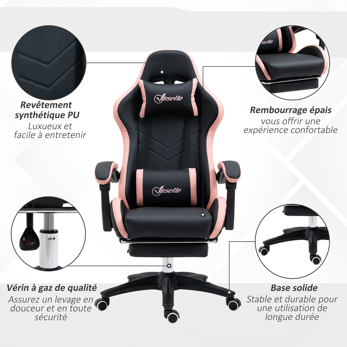 Chaise gaming fauteuil gaming ergonomique avec dossier inclinable à 135° et soutien lombaire, 65 x 65 x 121-129 cm rose-6