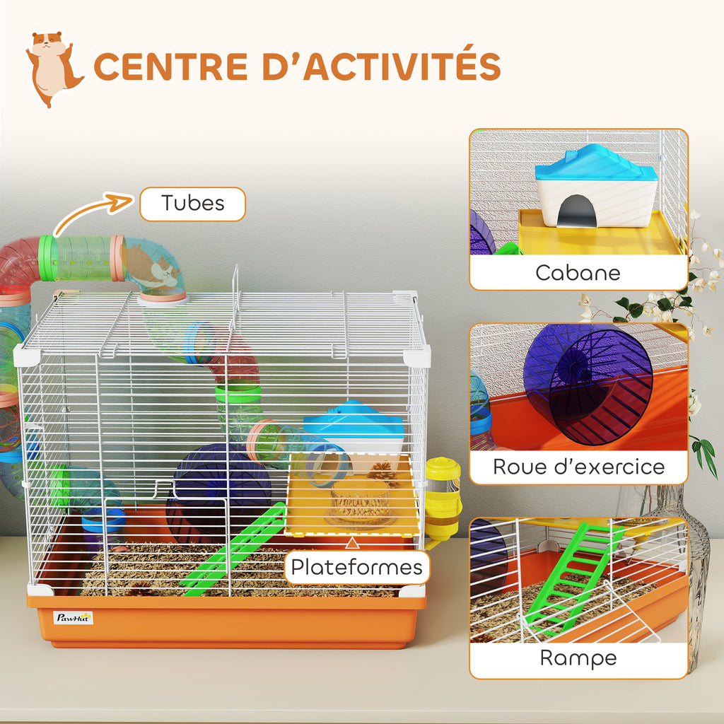 Cage à Hamster Rongeur 2 Niveaux avec Tunnel, Biberon d'Eau, Roue, Maisonnette, Échelles, 46 x 30 x 37 cm, Orange-3