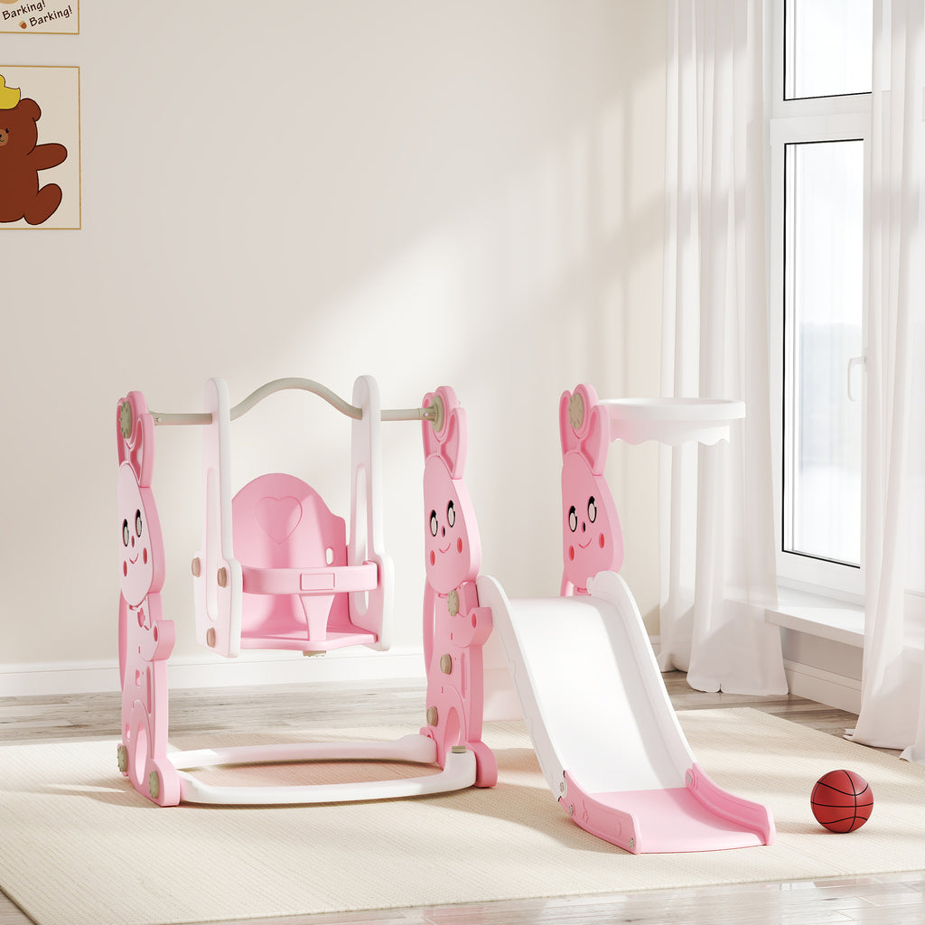 Toboggan et balançoire pour enfants 4 en 1 avec panier de basket, toboggan, balançoire, 147,5x160x107cm, rose-9