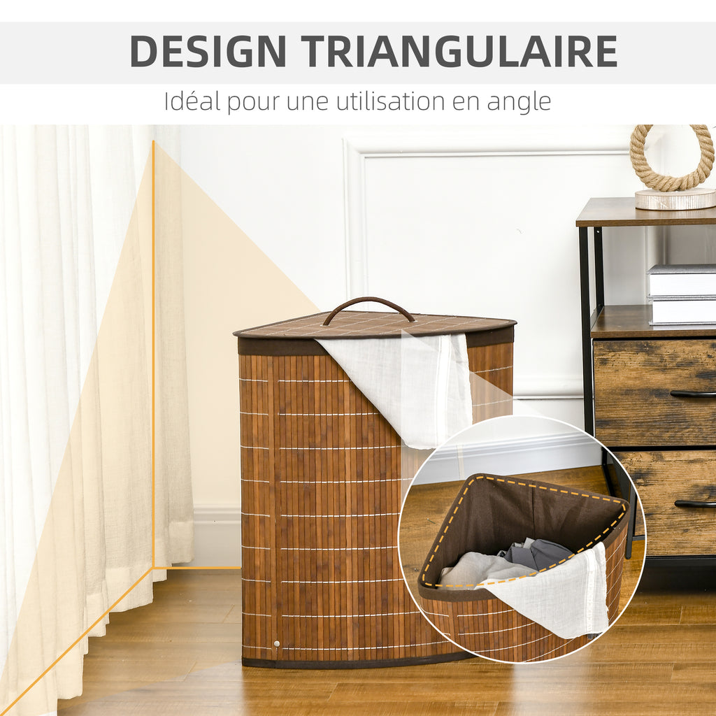 Panier à linge en bambou d'angle 55L avec couvercle et sac amovible 38 x 38 x 57 cm marron-6