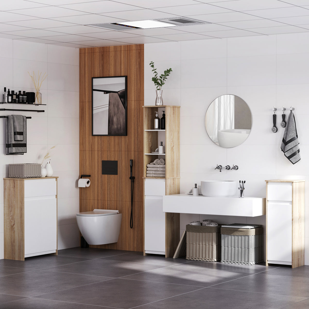 Meuble de salle de bain, meuble de rangement, tiroir et placard double porte, 60x30x90cm, blanc et effet bois naturel-9