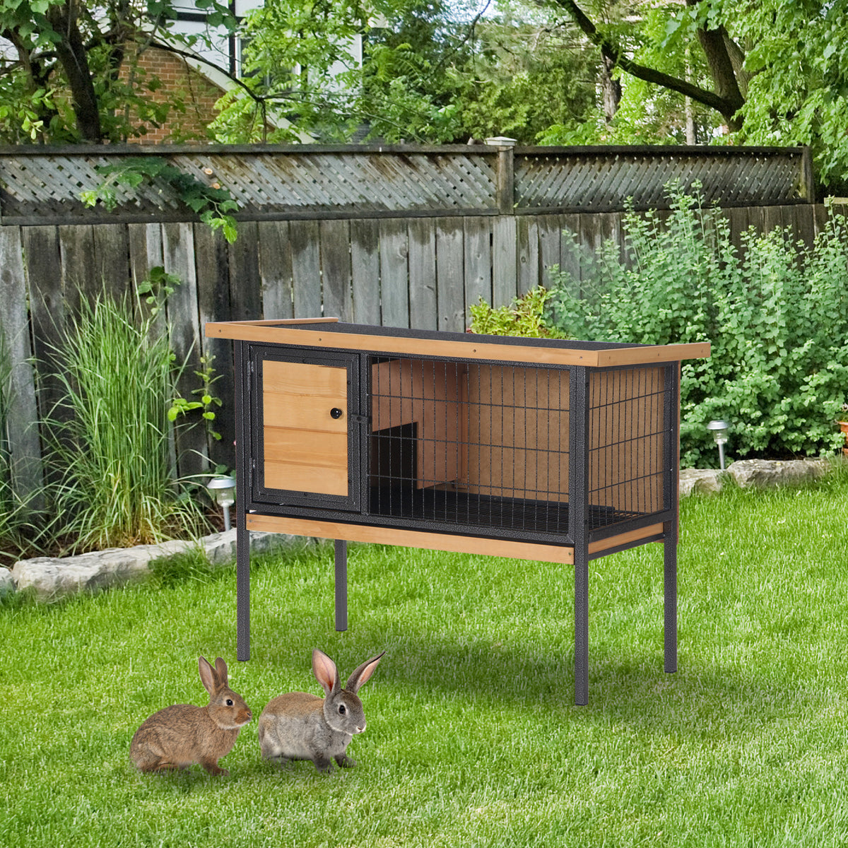 Cage à lapins en bois sur pieds, clapier pour rongeurs, cochons d'inde avec toit ouvrable - dim. 91,5L x 45l x 70H cm-9