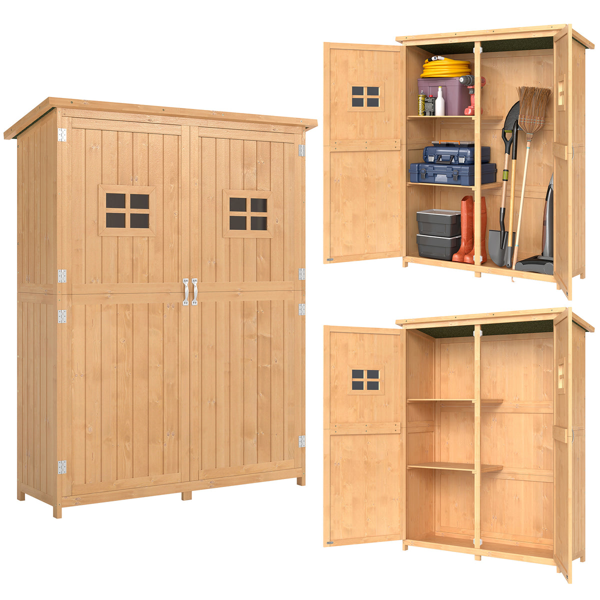 Abri de Jardin en bois Armoire de Jardin dim. 127,5L x 50l x 164H cm 2 étagères 2 Portes 2 fenêtres Toit bitumé étanche Bois Massif Sapin pré-huilé bois naturel-0