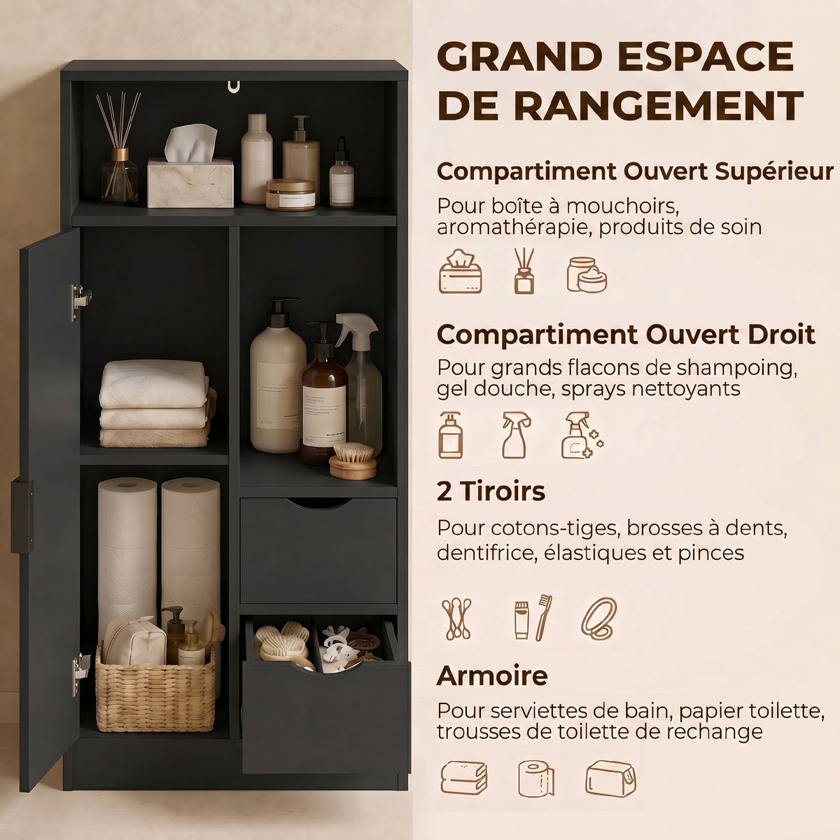 Meuble de salle de bain, meuble de rangement étroit avec 2 tiroirs, compartiments ouverts, 50x25x100cm, noir-3