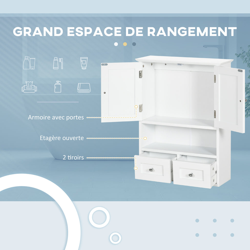 Armoire murale de salle de bain, armoire de toilette, avec portes, étagère, 2 tiroirs, 50,8l x 17,8P x 66H cm, blanc-3