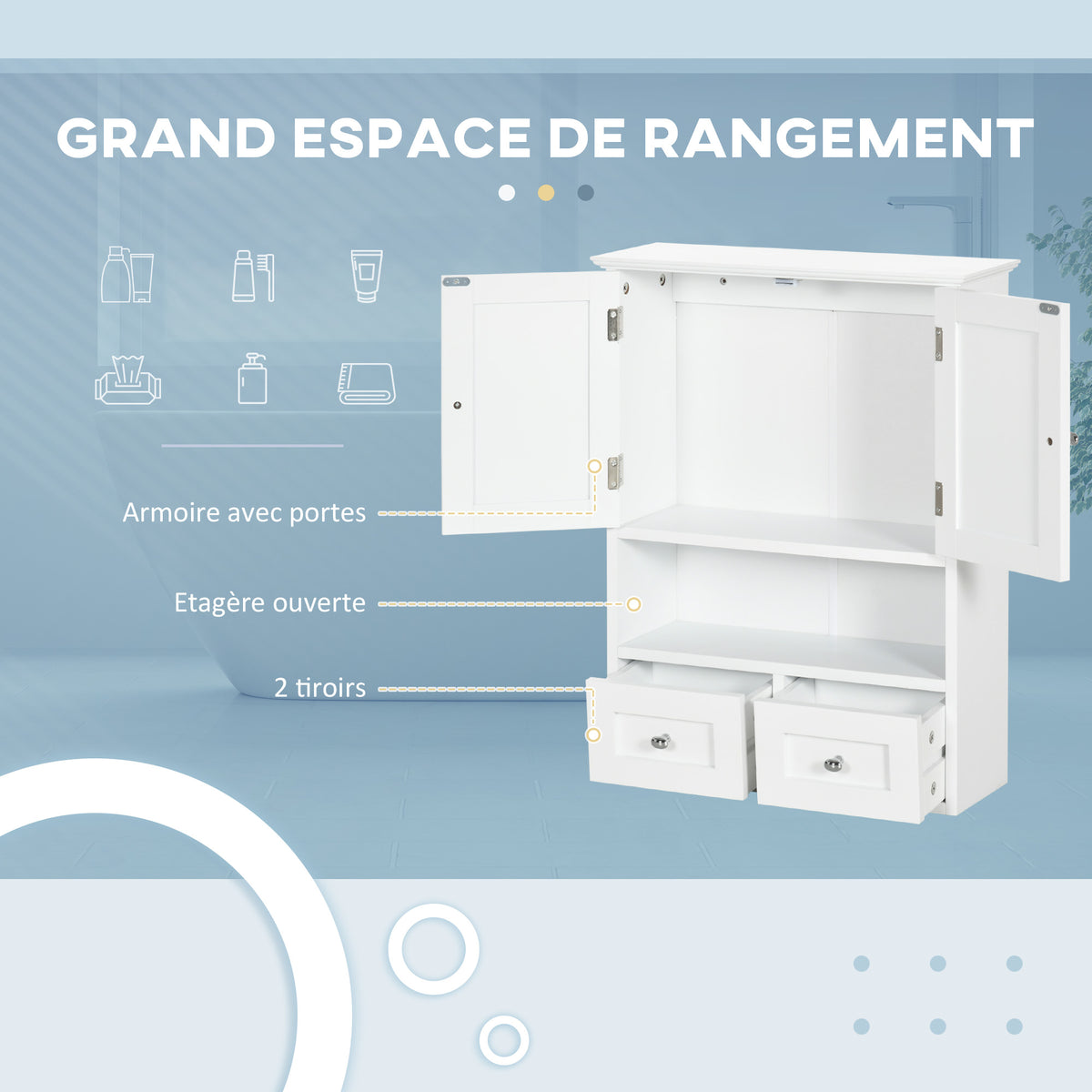 Armoire murale de salle de bain, armoire de toilette, avec portes, étagère, 2 tiroirs, 50,8l x 17,8P x 66H cm, blanc-3