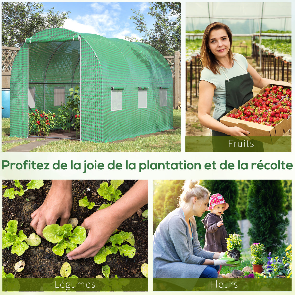 Serre de Jardin Tunnel Surface Sol 6 m² 3L x 2l x 2H m acier Porte zippée 6 fenêtres enroulables Vert-6