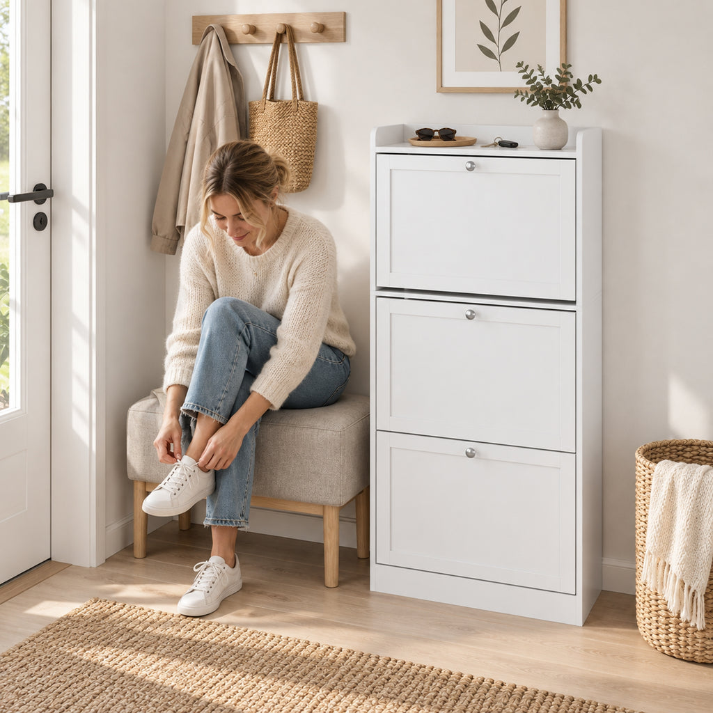 Meuble à Chaussures 15 Paires, Armoire à Chaussures avec 3 Tiroirs, Étagères Réglables et Plateau Supérieur, Blanc-7