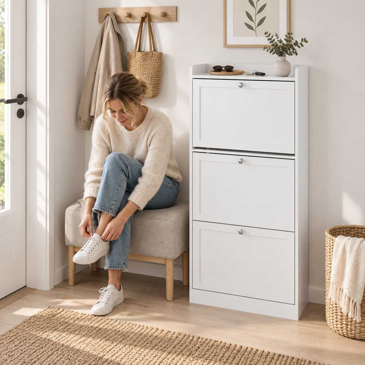 Meuble à Chaussures 15 Paires, Armoire à Chaussures avec 3 Tiroirs, Étagères Réglables et Plateau Supérieur, Blanc-7