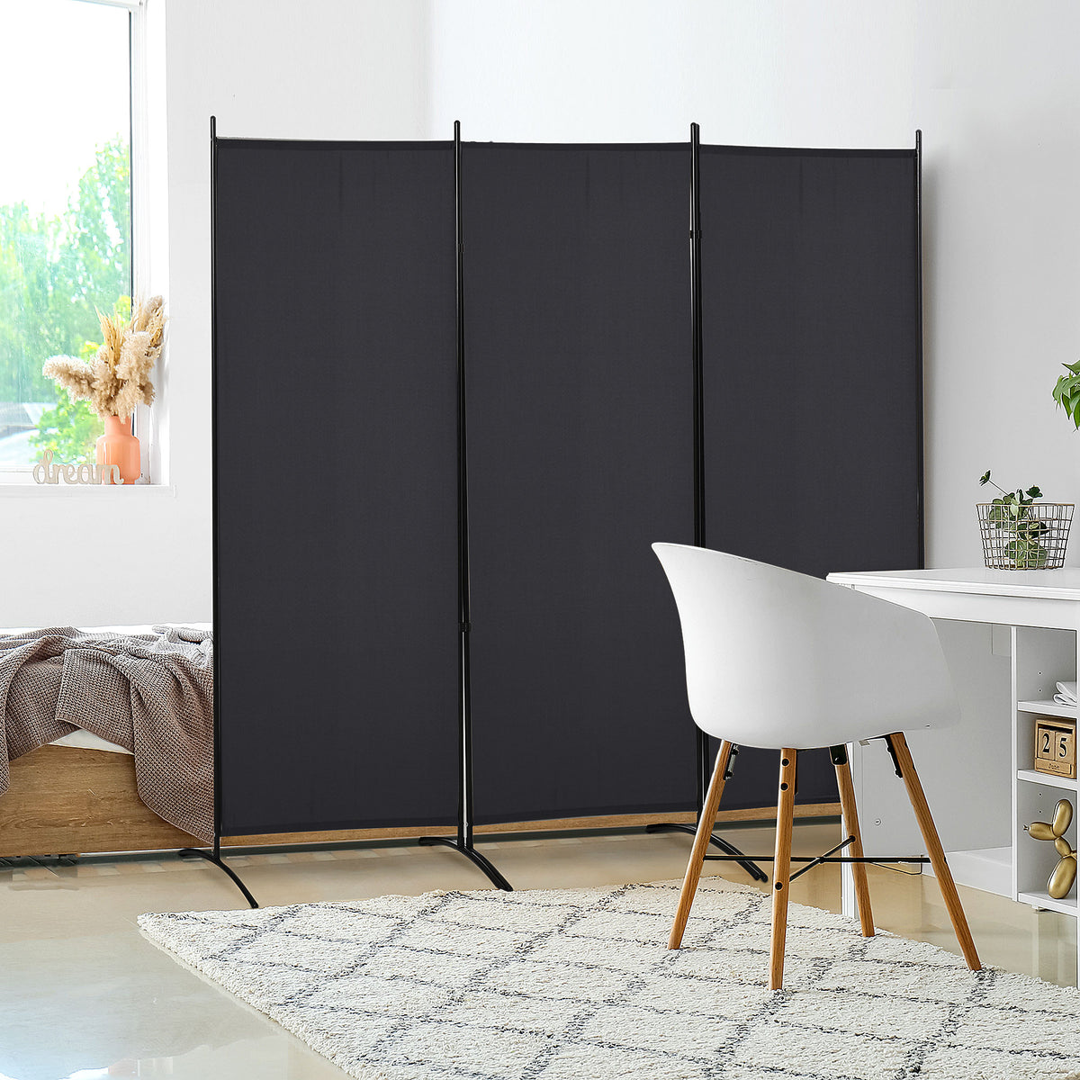 Paravent 3 panneaux dim. 2,53L x 0,5l x 1,82H m Store latéral Brise-Vue paravent sur Pied séparateur métal Polyester-1