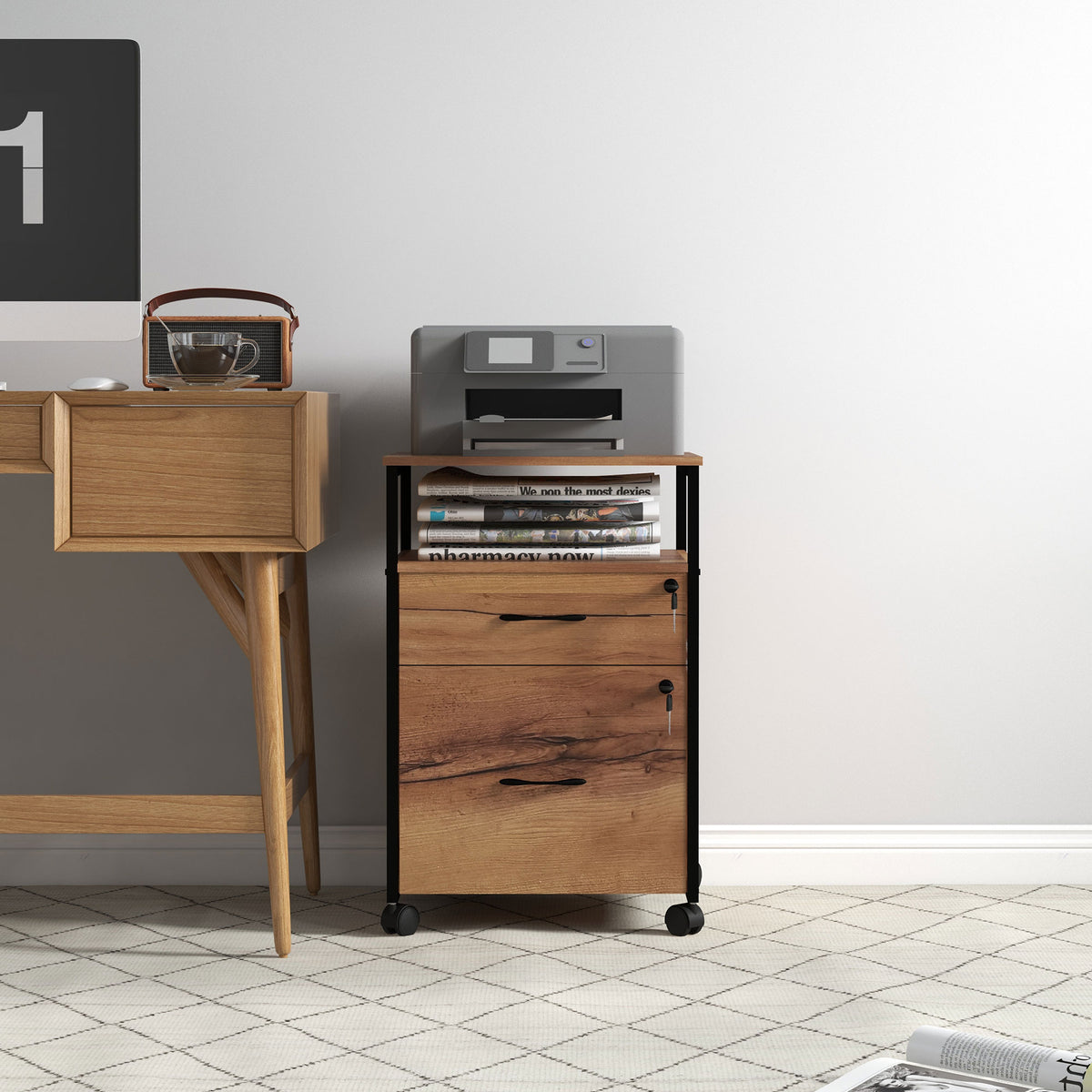 Caisson bureau mobile avec 2 tiroirs, meuble rangement bureau sur roulettes avec barres pour dossiers, marron-7
