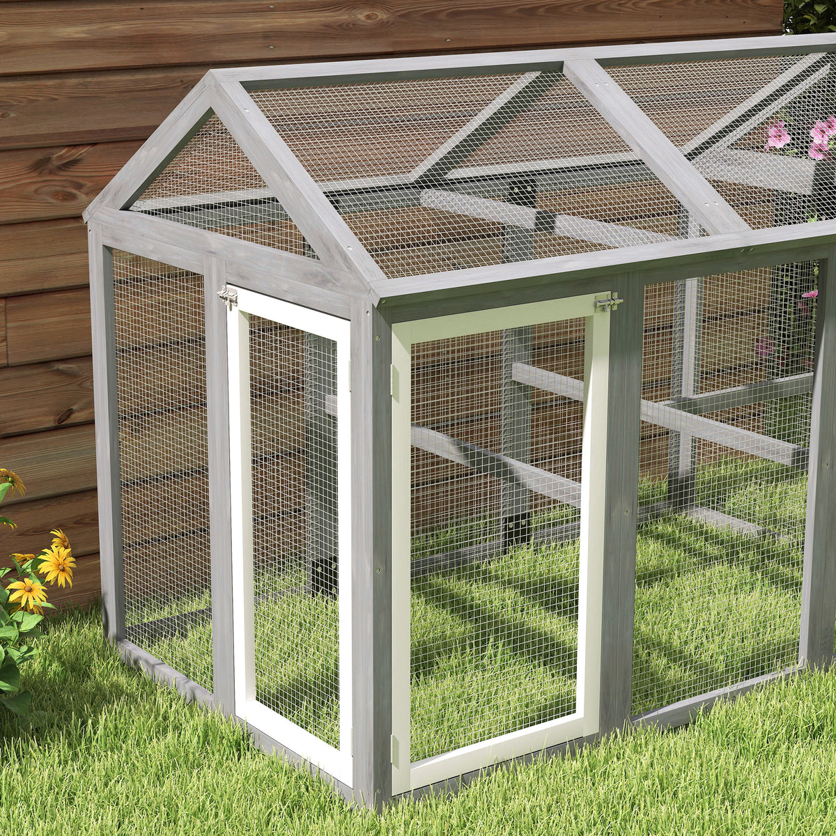 Enclos poulailler 1,18 m², parc grillagé avec porte verrouillables, cadre en bois massif, 140 x 88,5 x 106 cm, gris-7