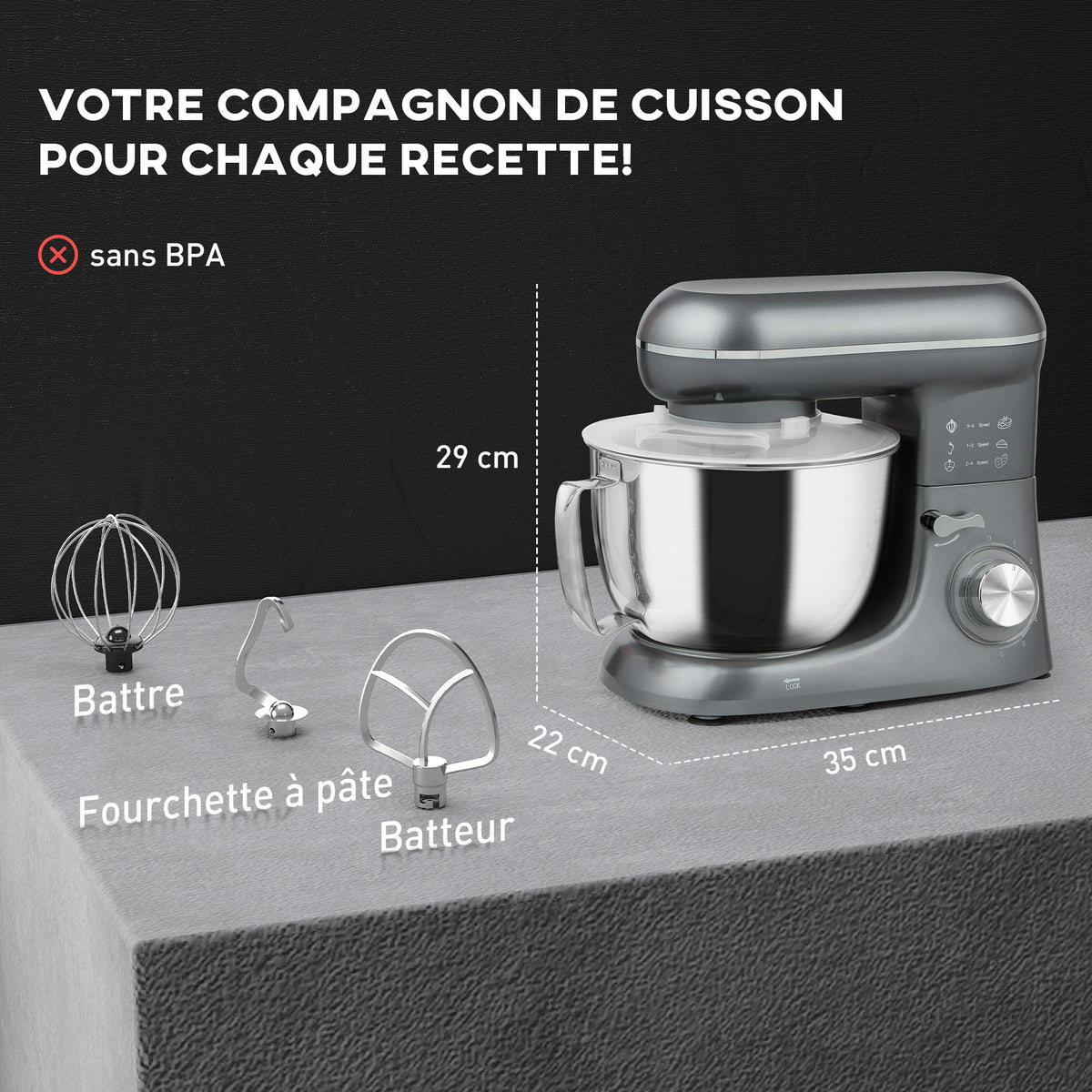 Robot pâtissier 1300 W, robot pétrin professionnel 4,5 L, bol d'acier inoxydable, 6+P vitesses et pulse, argent-2