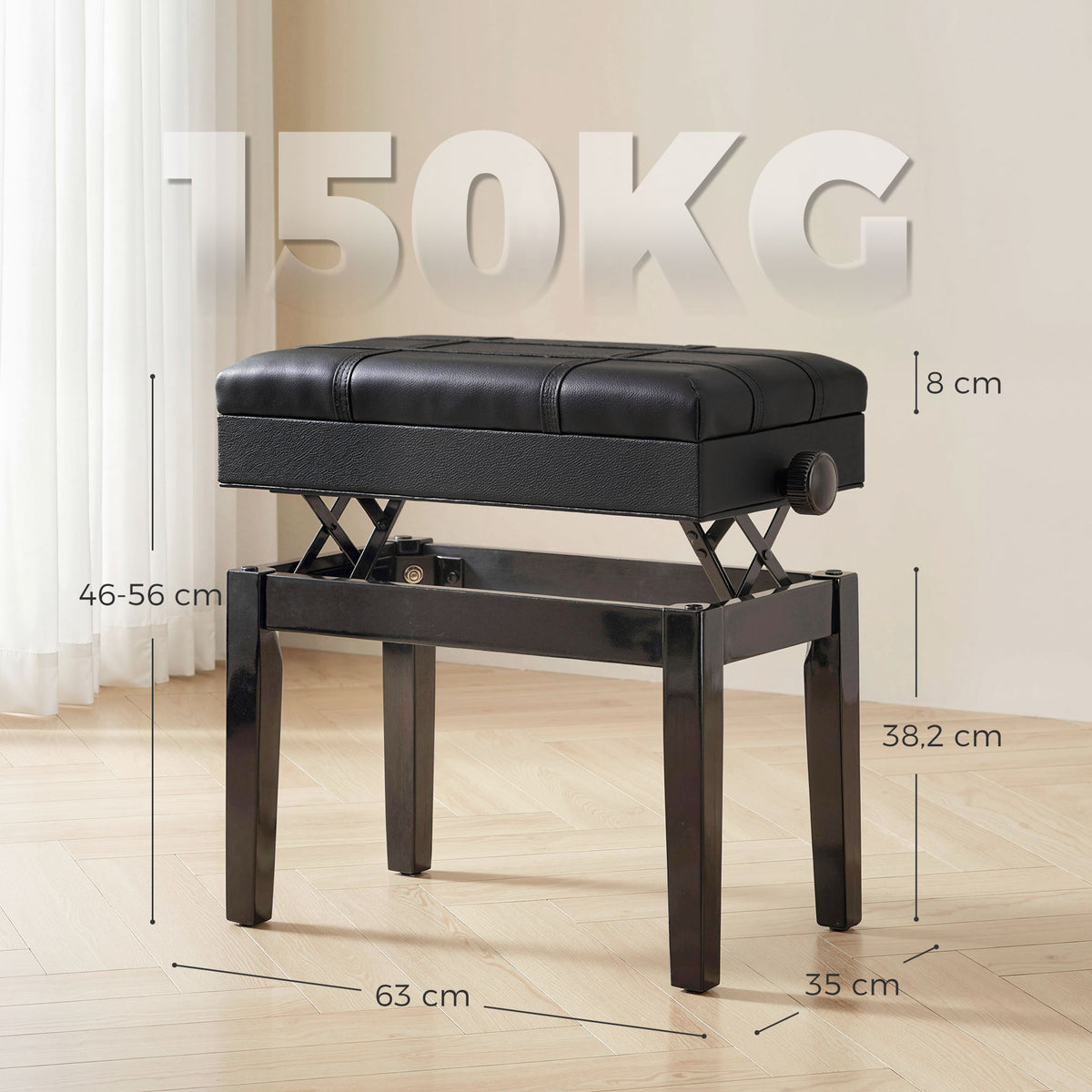 Banquette tabouret siège pour piano coffre intégré hauteur réglable bois hévéa assise revêtement synthétique noir-2