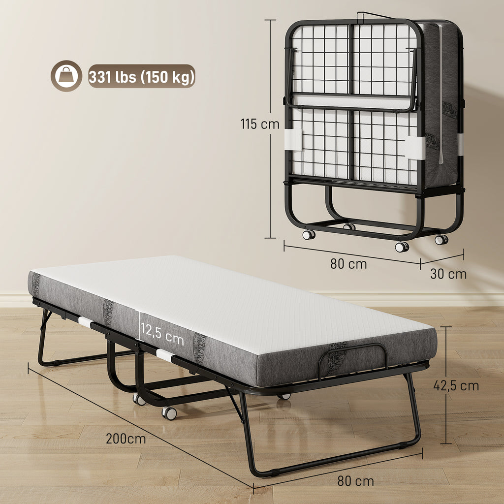 Lit pliant 1 personne 200 x 80 cm avec matelas, lit d'appoint pliable et portable sur roulettes, cadre en acier, blanc-2
