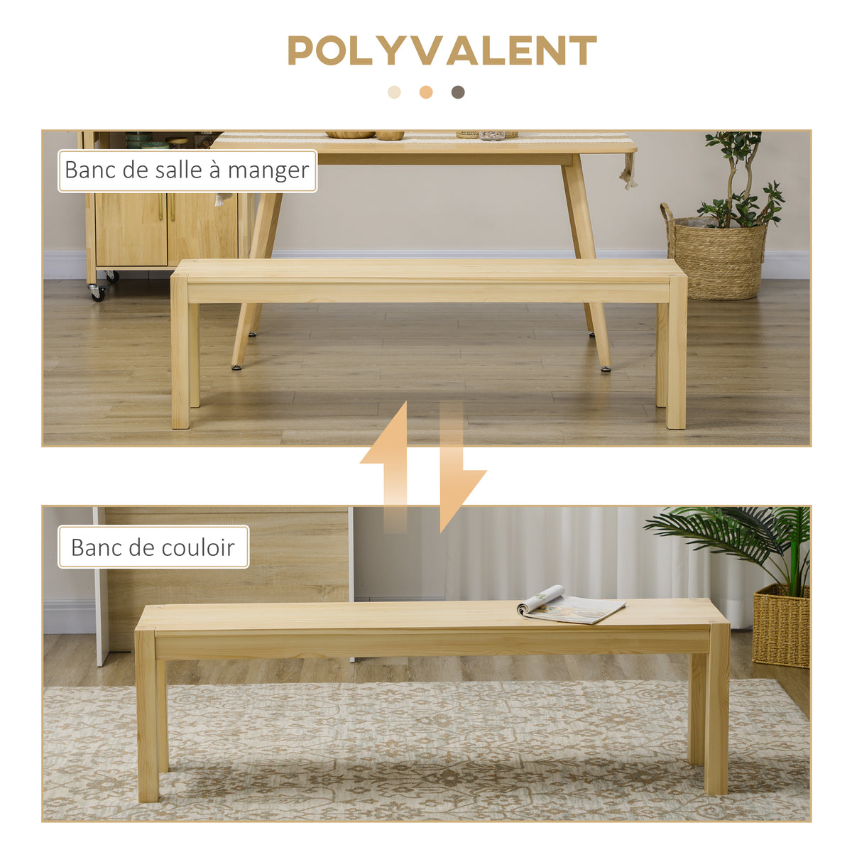 Banc de cuisine en bois massif 3 places, banc de salle à manger, charge 330 Kg, 150 x 33 x 45 cm, bois naturel-5