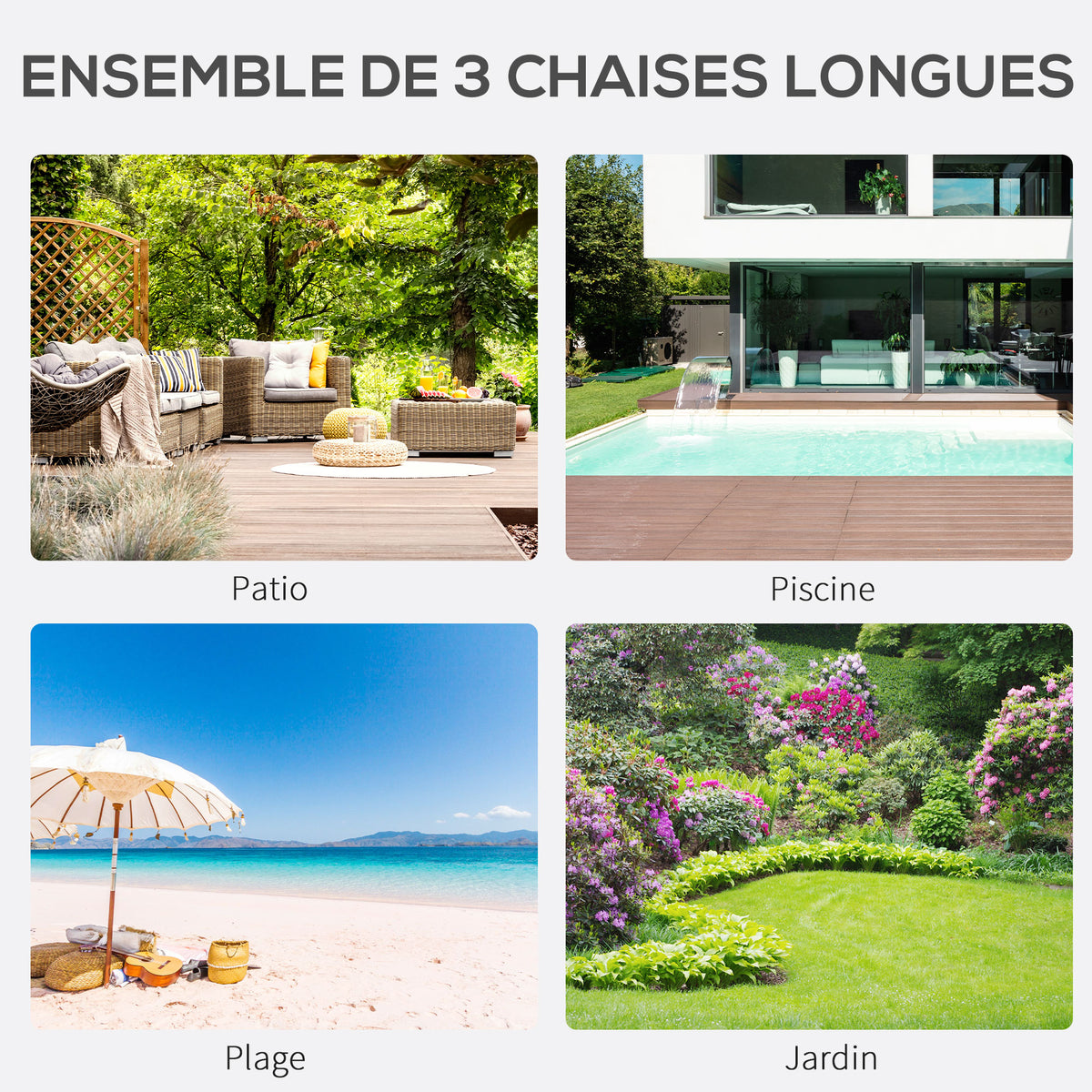 Lot de 2 bains de soleil chaise longue design contemporain table basse plateau verre trempé métal époxy textilène noir-3