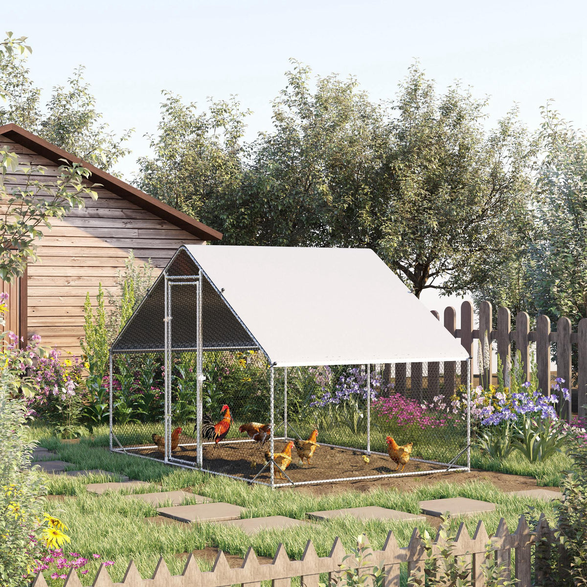 Enclos pour Poules XXL 6 m² - Grand Parcours Extérieur en Acier Galvanisé 3x2x2m - Volière de Jardin Anti-renard avec Bâche de Toit pour 4-6 Poules, Canards ou Lapins, Gris-1