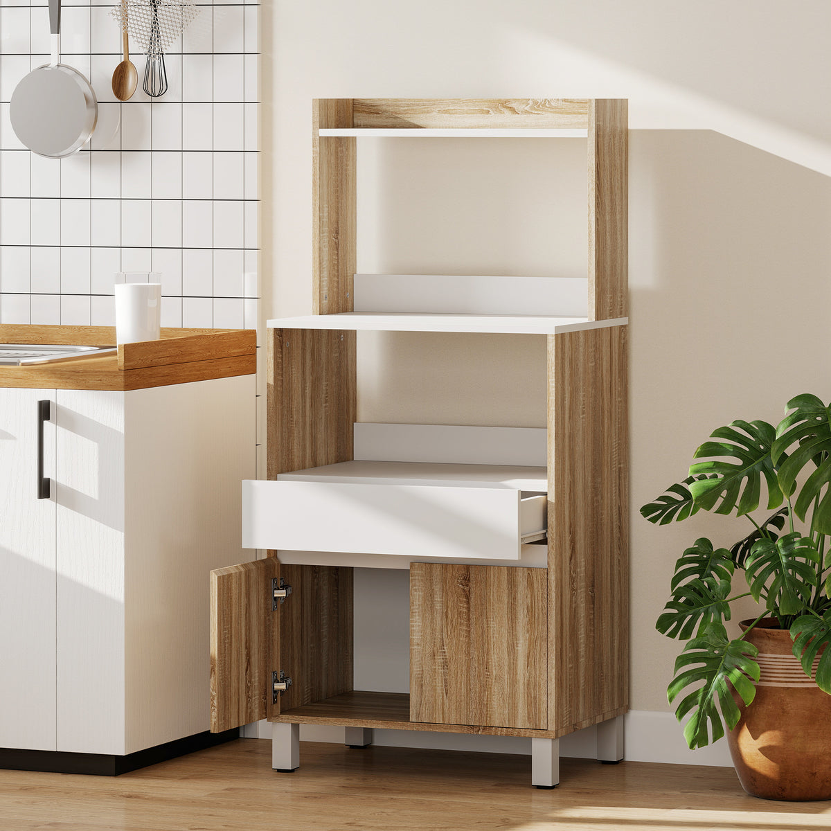 Meuble Micro-Ondes, Buffet Cuisine avec Tiroir, 2 Portes à Fermeture Douce, Plan de Travail et Étagères Ouvertes, Chêne-1