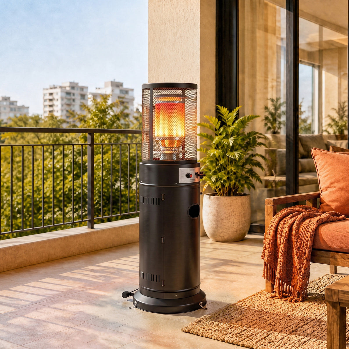 Parasol Chauffant Gaz 11 kW 30 m² Roulettes, Réglage Continu, Grille de Protection, Anti-surchauffe, 52x46x137cm, Noir-1