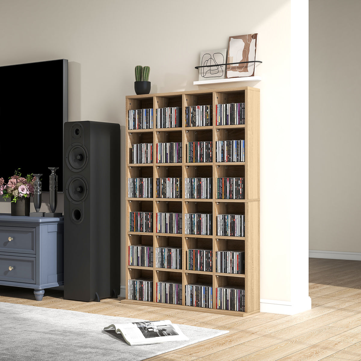 Meuble de rangement multimédia 456 CD/ 336 DVD - bibliothèque en bois avec étagères réglables 89 x 130,5 cm bois naturel-6