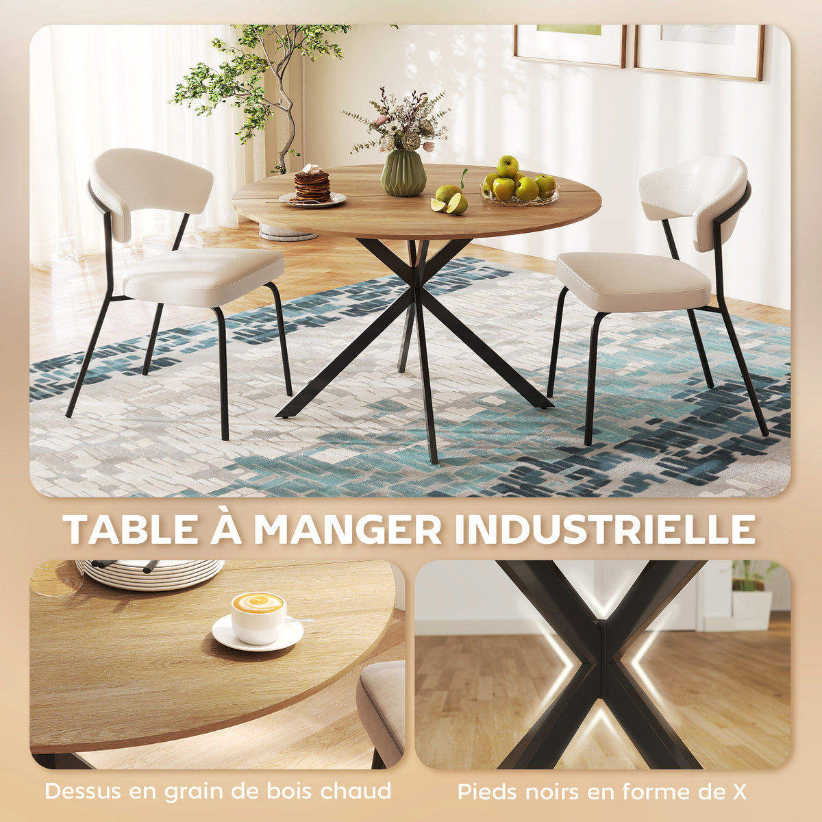 Table à manger ronde pour 4 personnes 120 cm style industriel avec plateau aspect bois, piètement croisé en acier, chêne-3