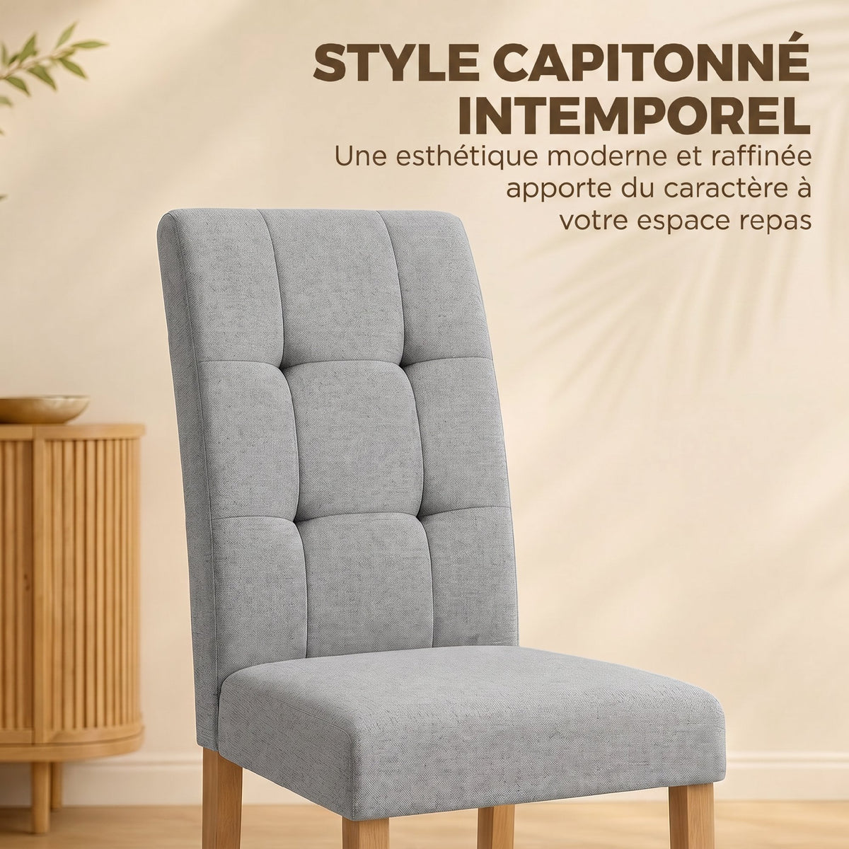 Lot de 2 chaises de salle à manger, chaise de cuisine moderne avec siège rembourré en tissu effet lin, gris clair-4