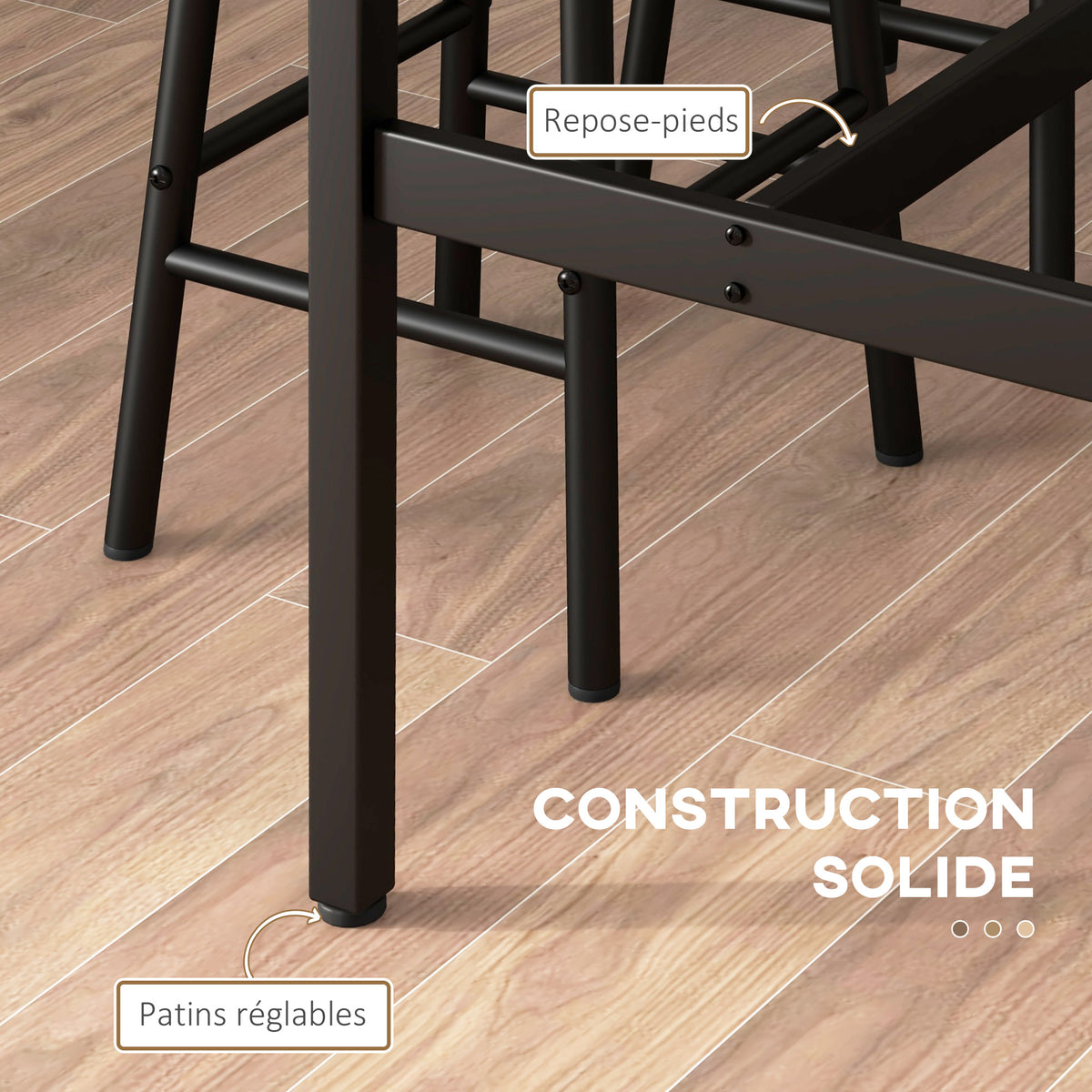 Ensemble table haute de bar + 2 tabourets structure en acier plateau aspect effet bois d'acajou 2 personnes noir-5