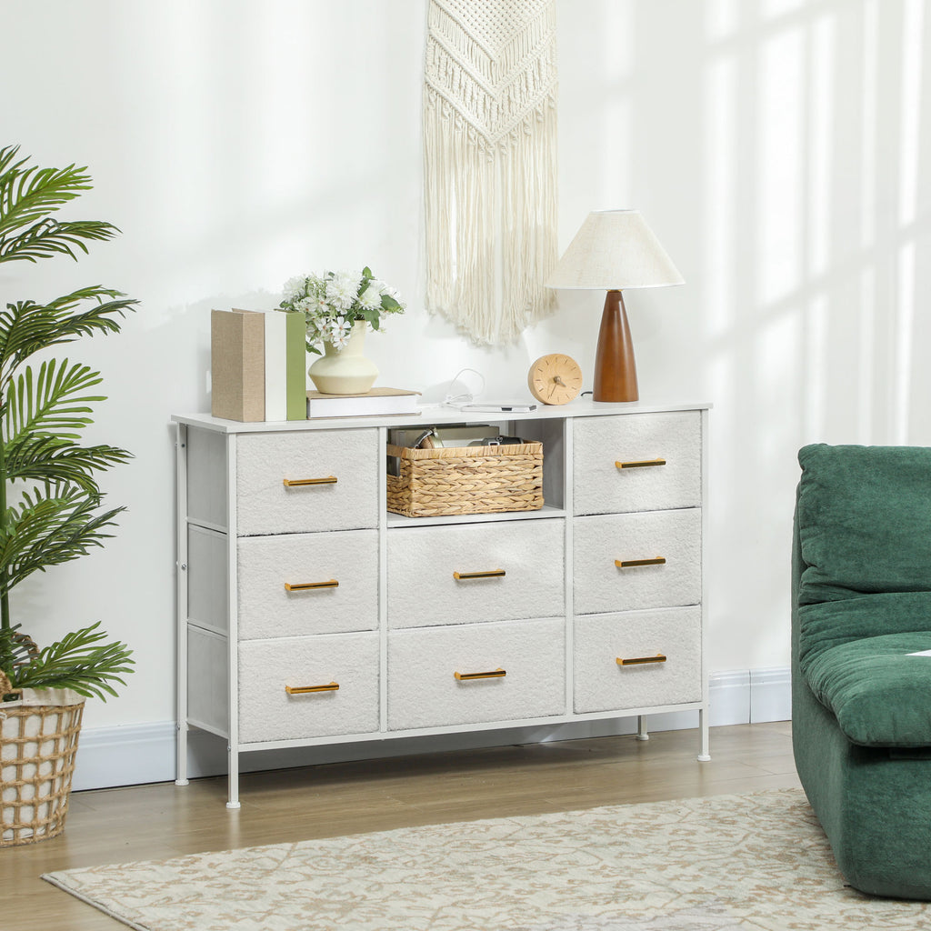 Commode 8 tiroirs en tissu bouclette, meuble de rangement avec 2 prises de courant, structure en acier 110x30x76cm crème-9