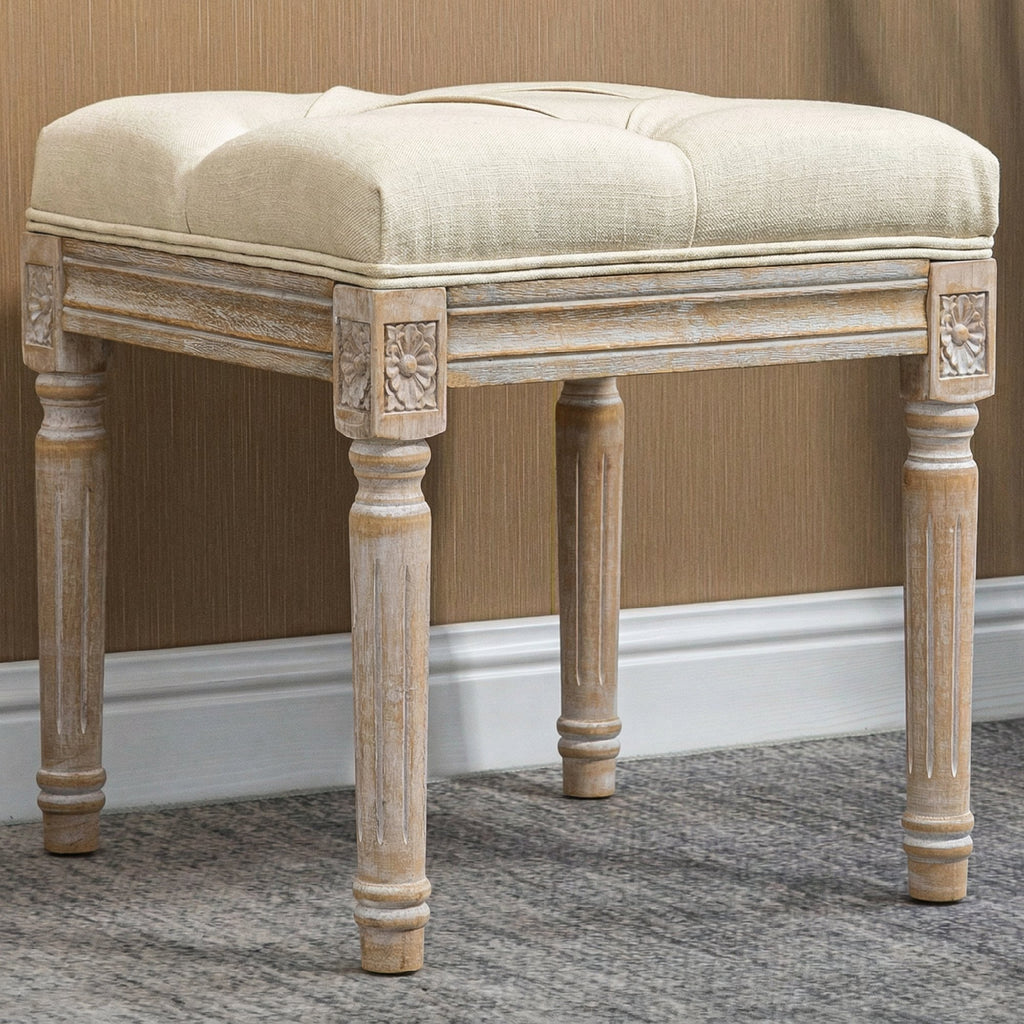 Repose pied salon, ottoman, siège rembourré en tissu aspect lin avec pieds en bois d'hévéa, 40 x 40 x 43 cm, beige-7
