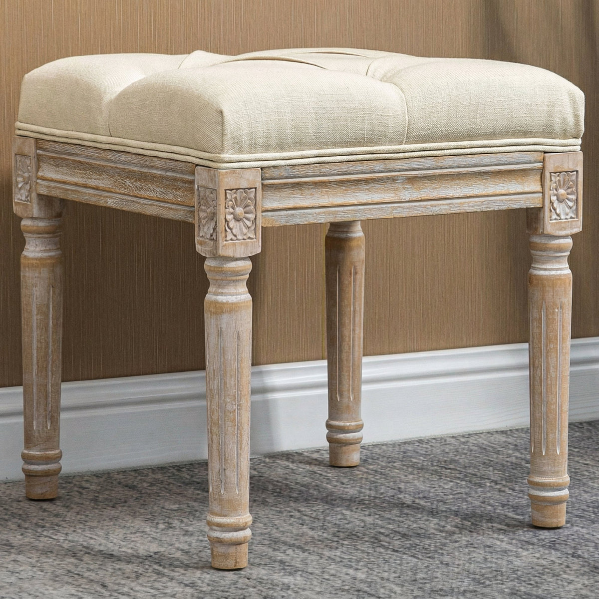 Repose pied salon, ottoman, siège rembourré en tissu aspect lin avec pieds en bois d'hévéa, 40 x 40 x 43 cm, beige-7