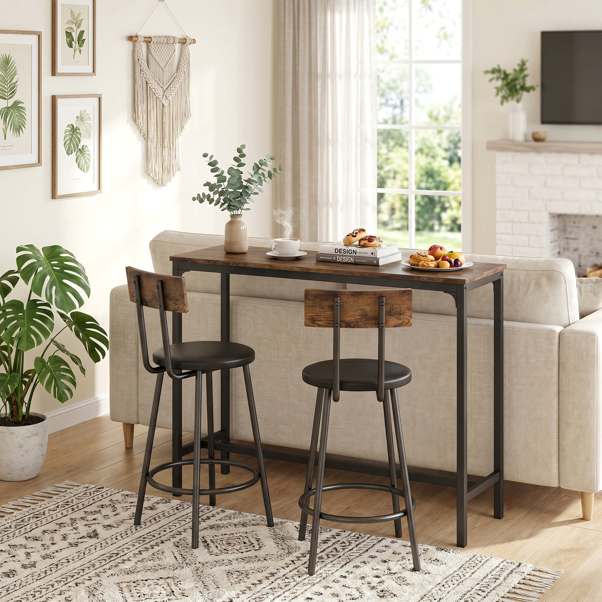Ensemble Table de Bar avec 2 Tabourets, Table Haute de Cuisine et 2 Chaises de Bar Rembourrées PU, Repose-Pieds, Marron-8