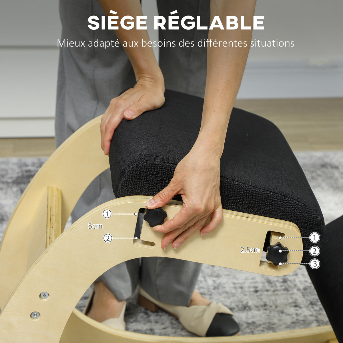 Siège assis genoux, siège ergonomique en bois avec fonction à bascule, chaise à genoux réglable pour bureau à domicile-4