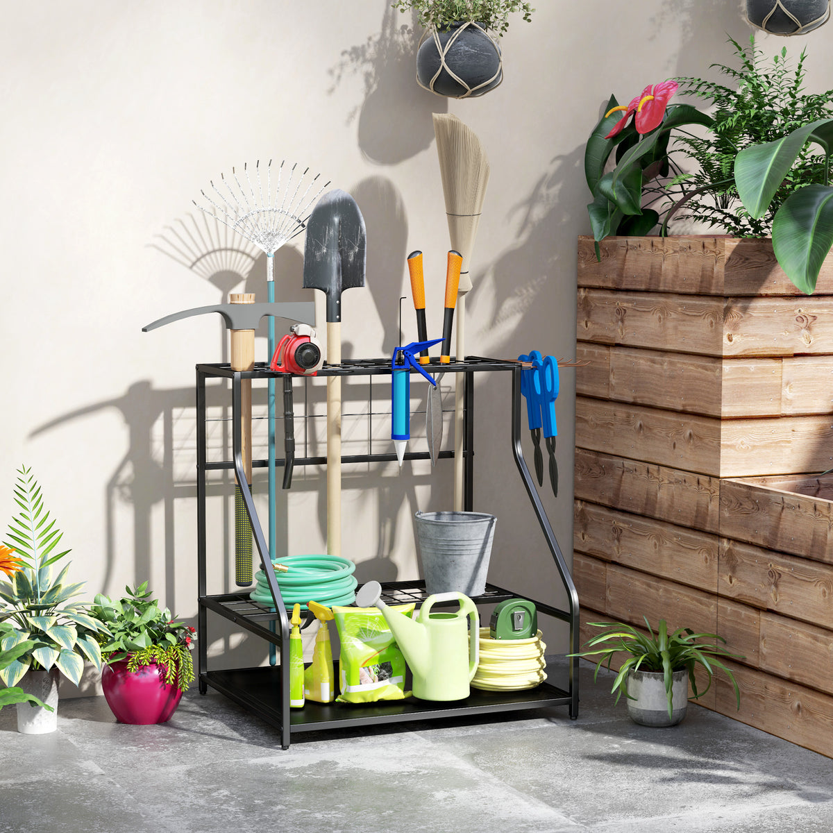 Organiseur d'outils de jardin avec crochets porte-outils de garage à 3 niveaux 84 x 53 x 73 cm orange-1