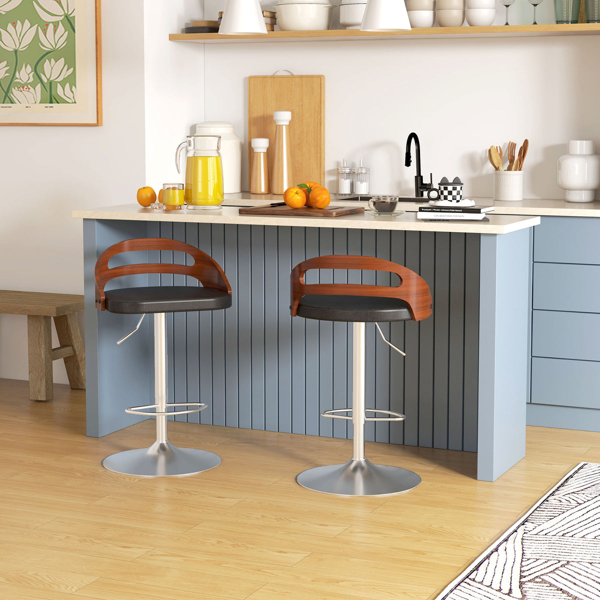 Lot de 2 tabourets de Bar Hauteur d'assise réglable pivotant 360° revêtement synthétique Noir Dossier ajouré-1