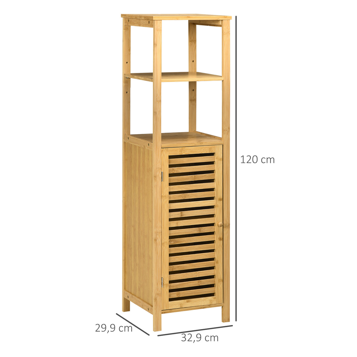 Meuble colonne salle de bain en bambou 2 étagères ouvertes et placard, 32,9 x 29,9 x 120 cm, bois naturel-2