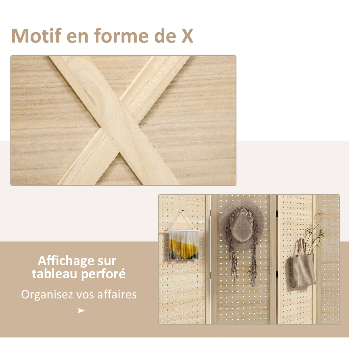 Paravent intérieur en bois 4 panneaux séparateur de pièce pliable panneau perforé 152 x 1,7 x 144,5 cm bois naturel-3