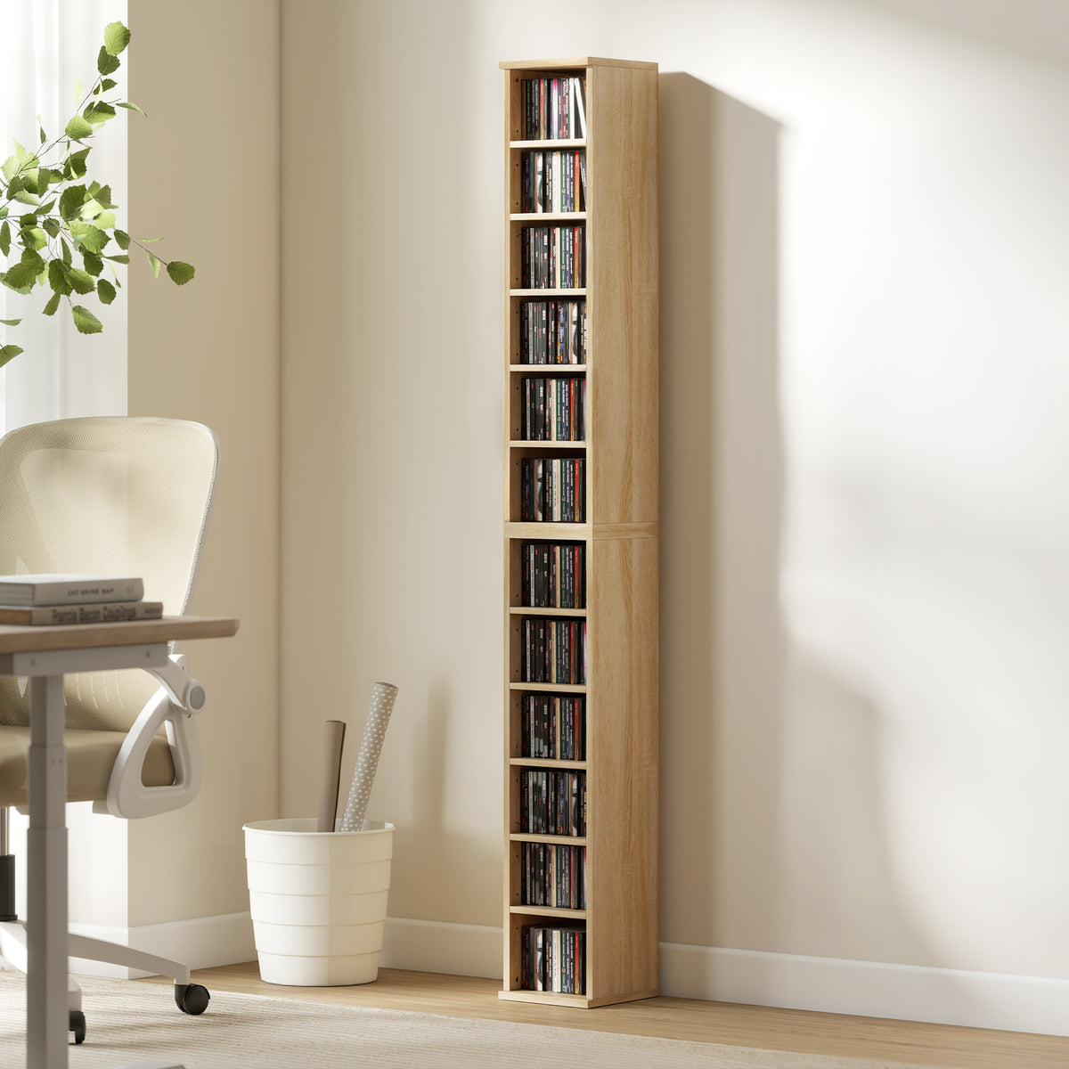 Lot de 2 étagères colonnes armoire de rangement CD-DVD 12 compartiments 21 x 22,5 x 88,5 cm capacité 204 CD chêne-9
