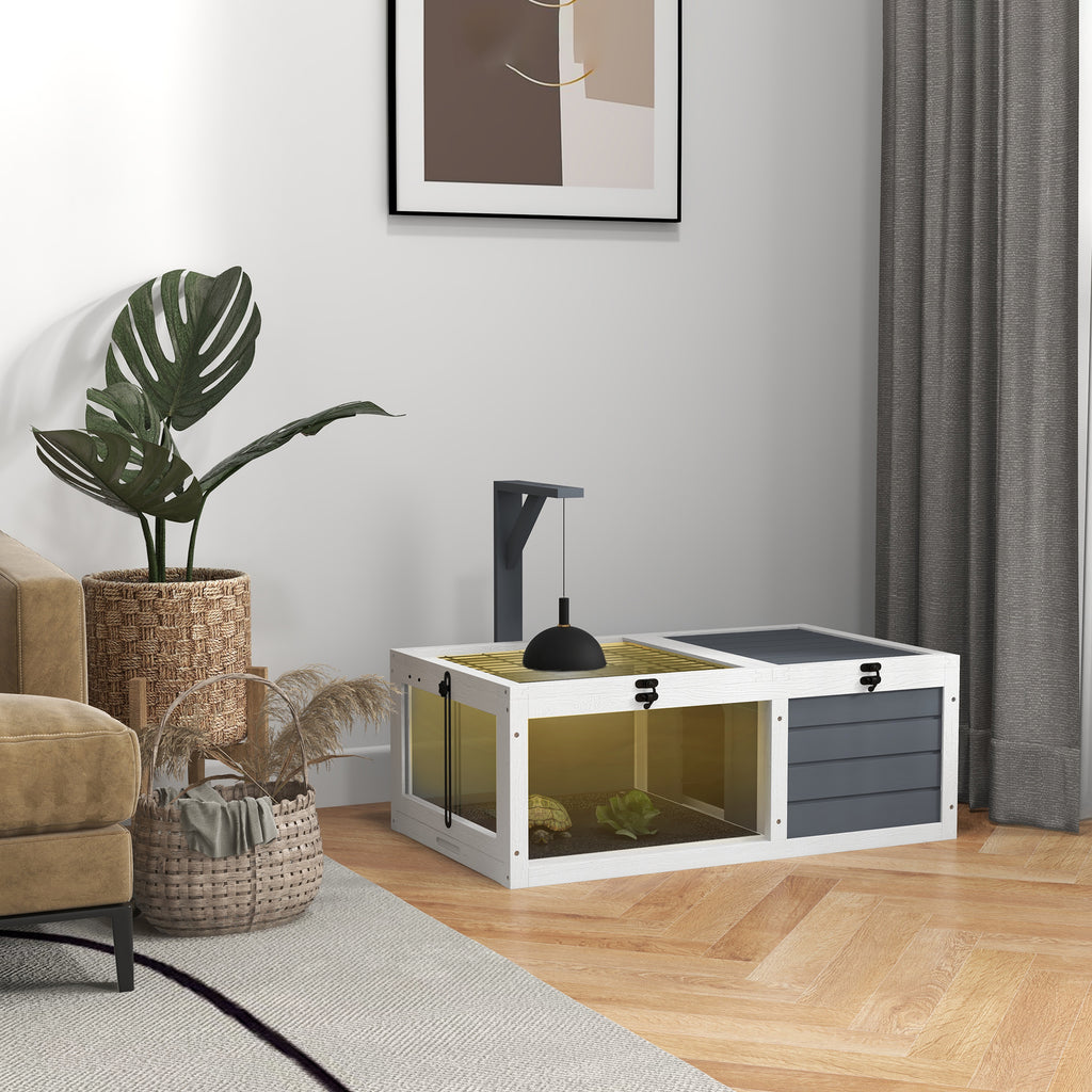 Maison enclos cage pour petit animal tortue avec 2 espaces support de lampe 81 x 48 x 31,5 cm gris-1