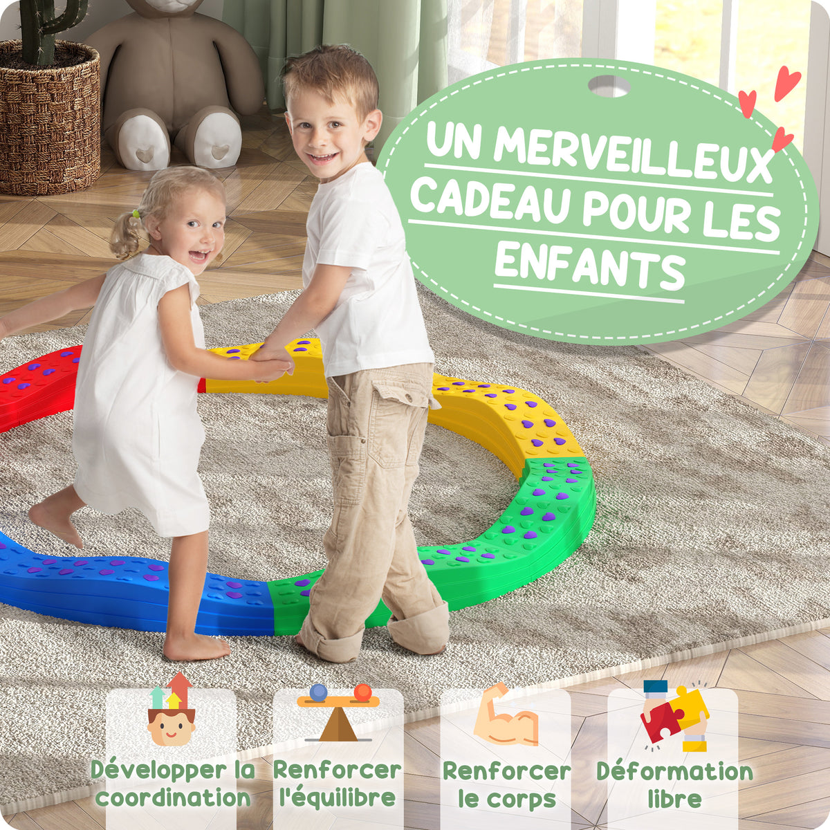 Poutre d'équilibre pour enfants 8 pierres de pas ondulées avec surface exturée antidérapante et tapis de fond-3