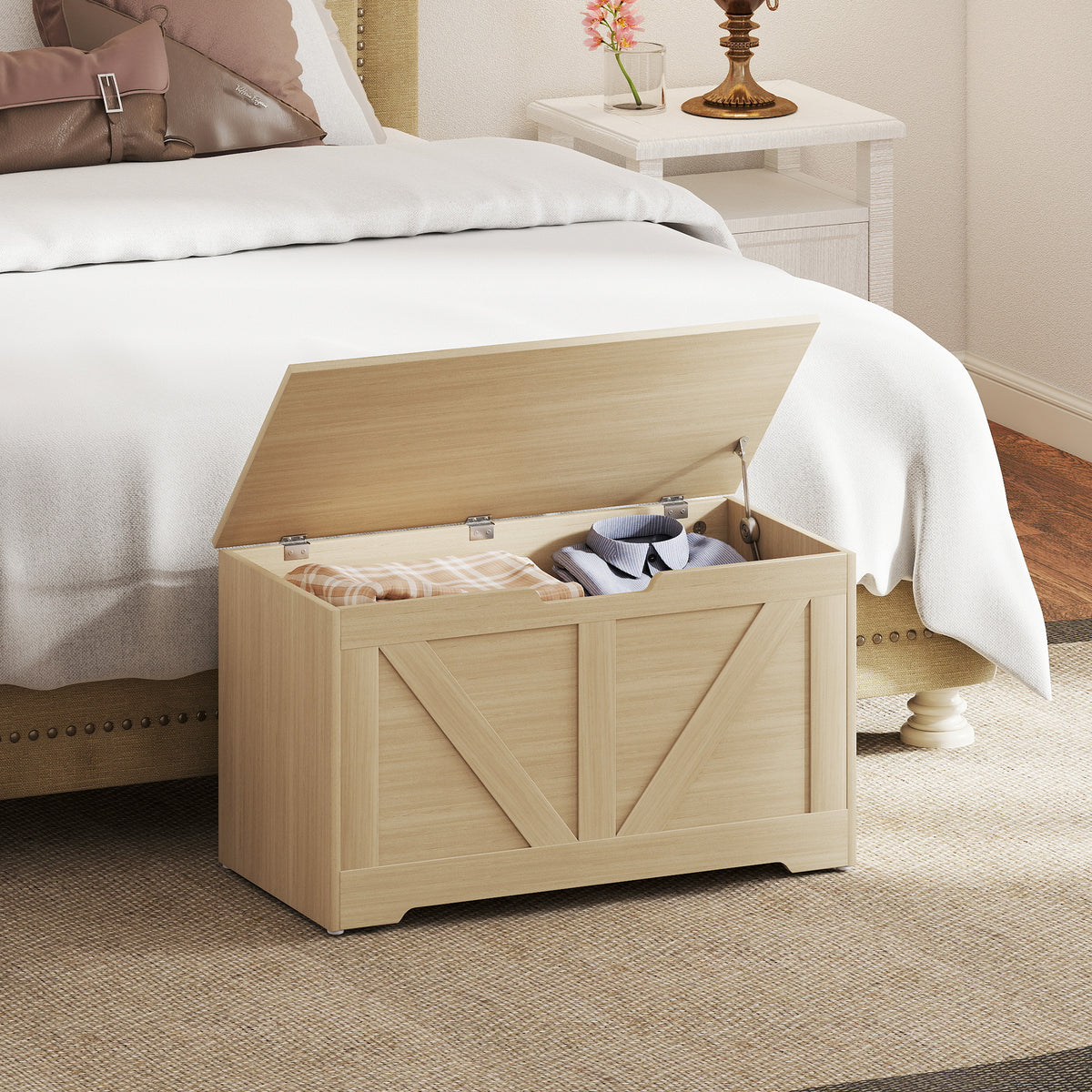 Coffre de rangement, banc de rangement avec couvercle rabattable et charnières de sécurité, 80 x 40 x 45 cm, bois naturel-9