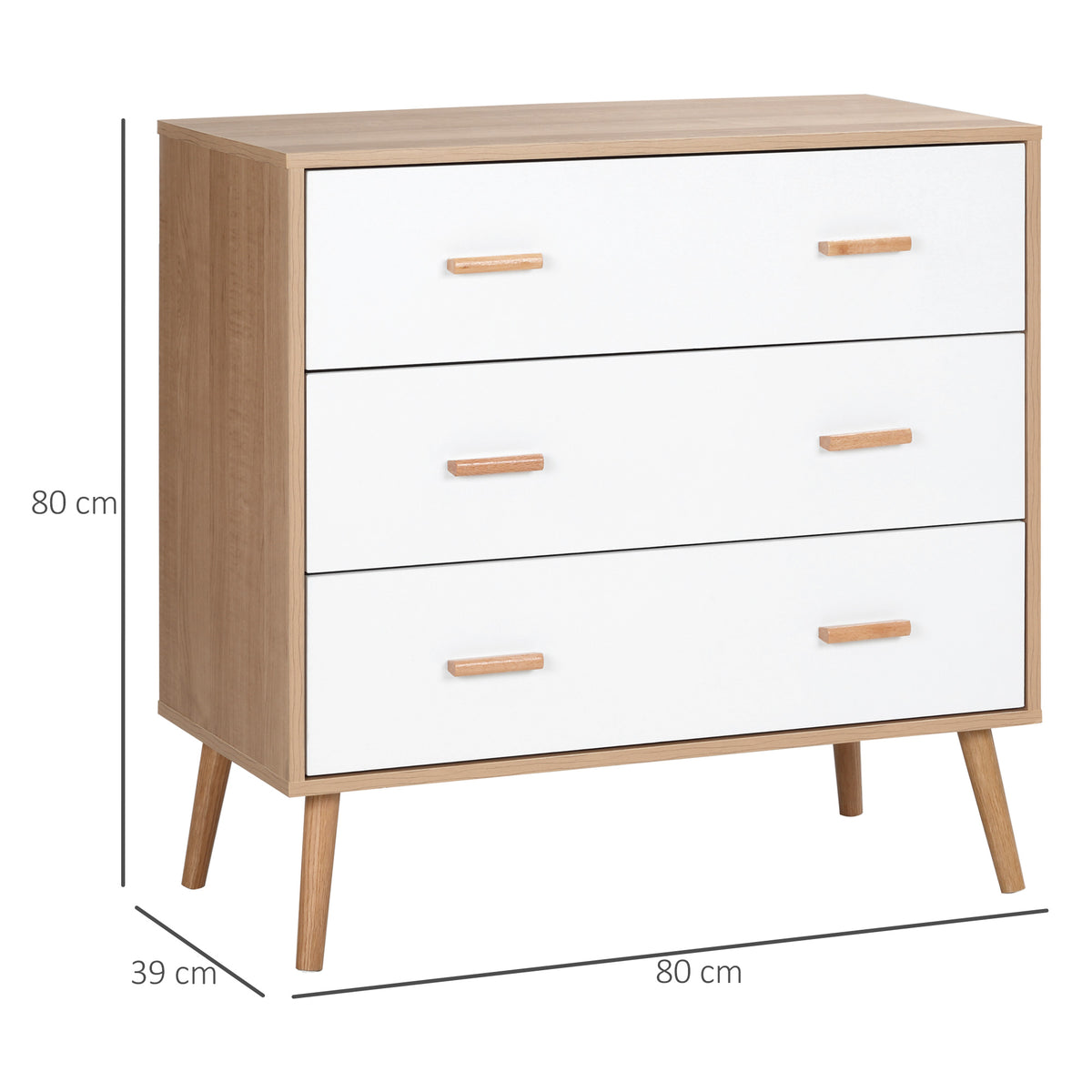 Commode Design scandinave 3 tiroirs coulissants Pieds effilés inclinés Panneaux Particules Aspect Bois Clair-2
