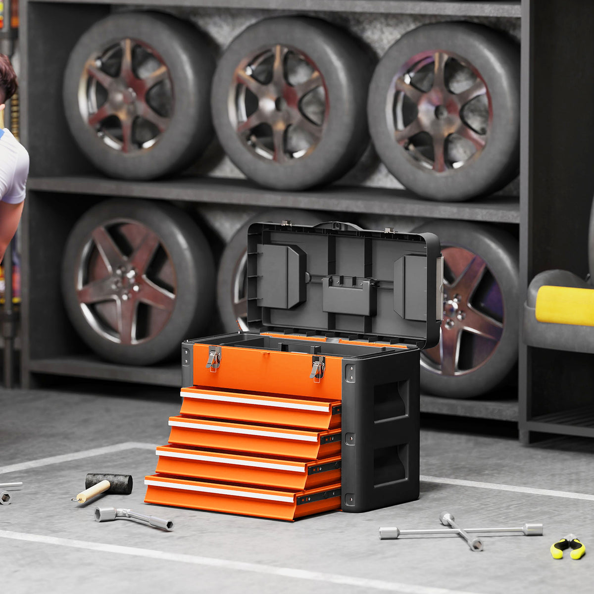 Boîte à Outils à 4 Tiroirs, Caisse à Outils en Acier Thermolaqué avec Plateau Amovible, 49,7x25,3x40,7cm, Orange-1