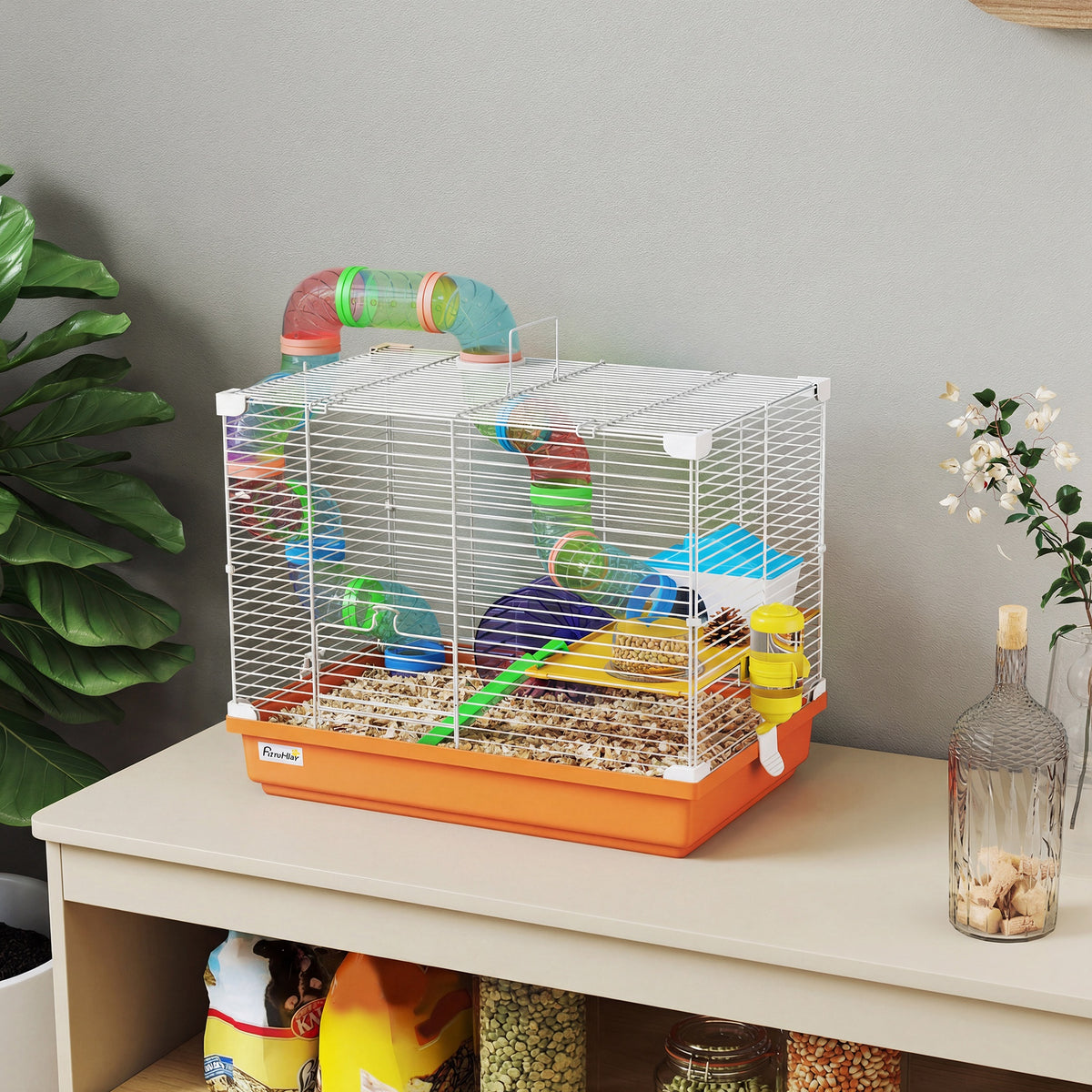 Cage à Hamster Rongeur 2 Niveaux avec Tunnel, Biberon d'Eau, Roue, Maisonnette, Échelles, 46 x 30 x 37 cm, Orange-1
