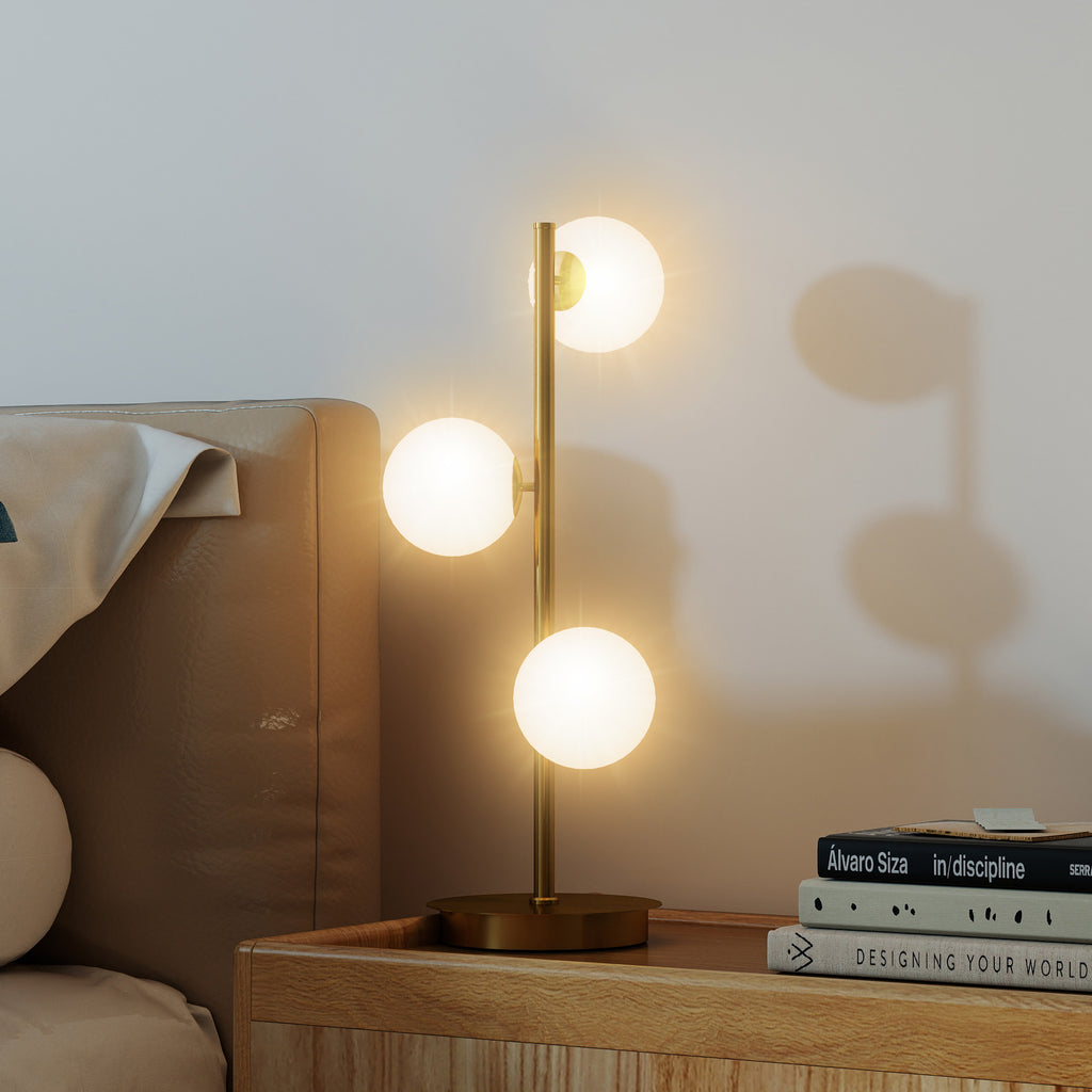Lampe de chevet avec 3 abat-jours globe, lampe de table moderne avec base en acier et douilles G9, 53H cm, ton laiton-7