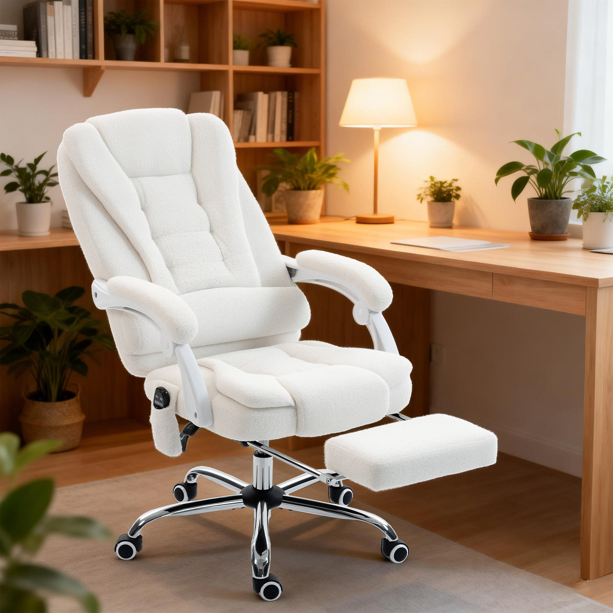 Fauteuil de bureau direction massant chauffant hauteur réglable dossier inclinable toile de lin blanc-9