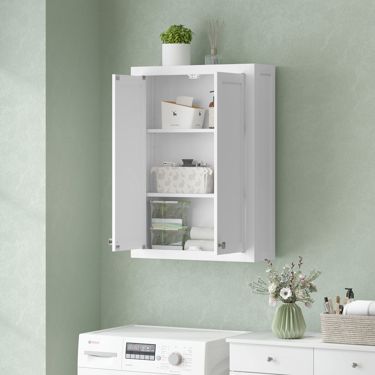 Armoire murale de salle de bain 3 niveaux, meuble de rangement suspendu  2 portes étagère réglable 61 x 20 x 84 cm blanc-8